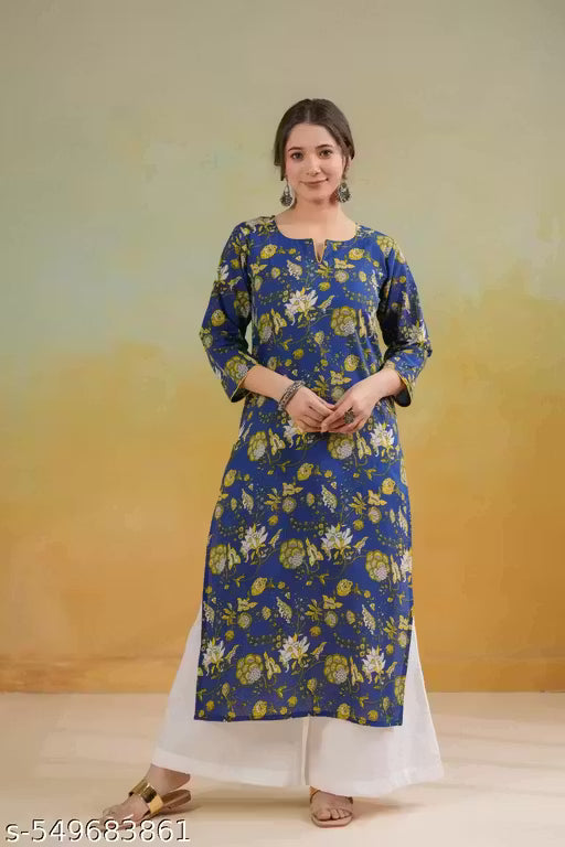 Women Rayon Floral Printed Blue Straight Kurta | Blue Kurta | Straight Kurta | Floral Printed Kurta | Kurta For Jeans & All Type Of Bottom Wear Like Jeans , Pant , Palazzo