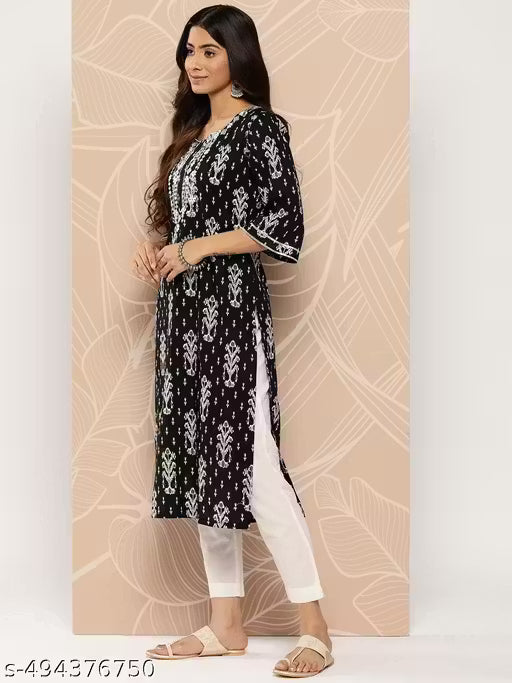 Black Abstract Print Rayon Kurta with Round Neck and Embroidered Highlights