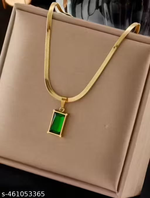 Gold Plated Stainless steel Cubic Zirconia pendant Green Emerald Anti-Tarnish Gold Plated Stainless Steel Flat Snake Chain Necklace Green Waterproof Chain Layering Pendant | Gifts for Women and Girls