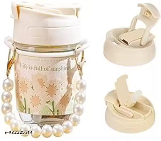 MYNA CROCKERY Elegant Mini Glass Water Mug with Pearl Chain,Kawaii Portable 350ml Mug with Straw Lid for Milk, Coffee, Bubble Tea for Use Home,Office,Travel And Unisex prodect Men and Women