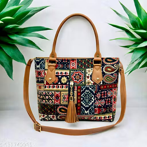 Ethnic Patchwork Print Tote Handbag for Women | Stylish Multicolor Shoulder Bag with Tassel | Spacious Daily Use & Office Bag