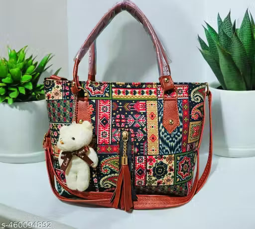 Handbag for women Ethnic Printed Women's Handbag with Teddy Charm - Stylish and Spacious Tote Bag for Everyday Use