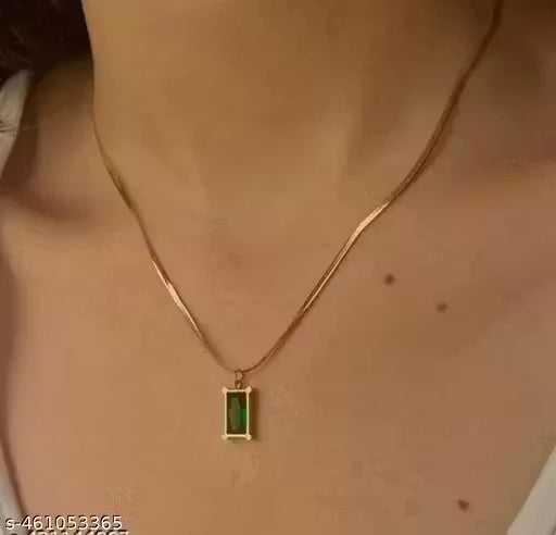 Gold Plated Stainless steel Cubic Zirconia pendant Green Emerald Anti-Tarnish Gold Plated Stainless Steel Flat Snake Chain Necklace Green Waterproof Chain Layering Pendant | Gifts for Women and Girls