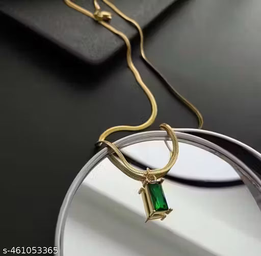 Gold Plated Stainless steel Cubic Zirconia pendant Green Emerald Anti-Tarnish Gold Plated Stainless Steel Flat Snake Chain Necklace Green Waterproof Chain Layering Pendant | Gifts for Women and Girls
