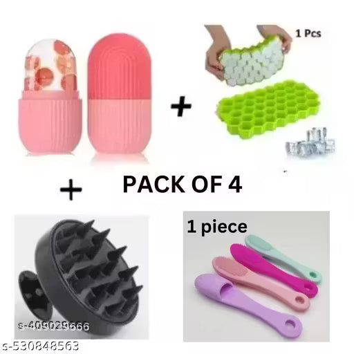 4 PCS COMBO OFFER For Silicone Ice Roller For Face, Neck, Puffy Eyes | Scalp Massager Shampoo Brush | Silicone 37 Slote Ice Cubes Tray WITH FREE 1 Piece Silicone Face Cleaner, Blackhead Remover Brush