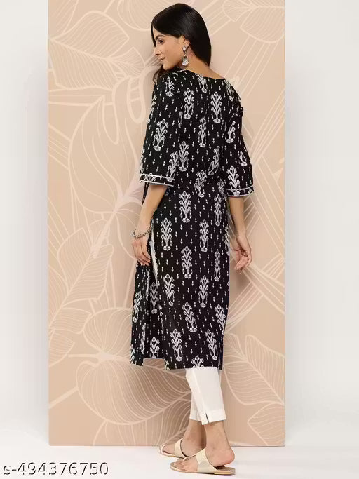 Black Abstract Print Rayon Kurta with Round Neck and Embroidered Highlights