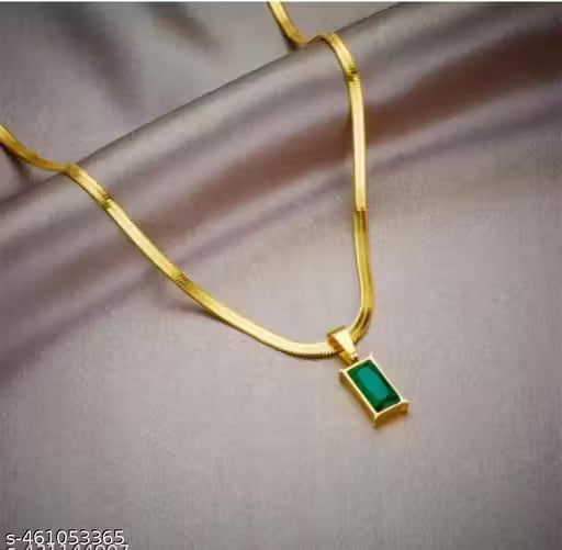 Gold Plated Stainless steel Cubic Zirconia pendant Green Emerald Anti-Tarnish Gold Plated Stainless Steel Flat Snake Chain Necklace Green Waterproof Chain Layering Pendant | Gifts for Women and Girls
