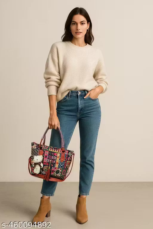Handbag for women Ethnic Printed Women's Handbag with Teddy Charm - Stylish and Spacious Tote Bag for Everyday Use