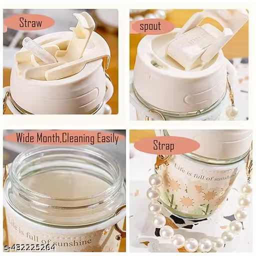 MYNA CROCKERY Elegant Mini Glass Water Mug with Pearl Chain,Kawaii Portable 350ml Mug with Straw Lid for Milk, Coffee, Bubble Tea for Use Home,Office,Travel And Unisex prodect Men and Women