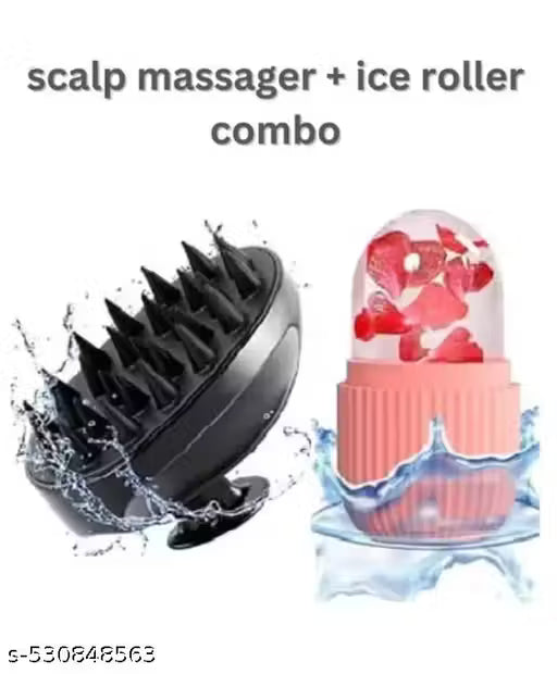 4 PCS COMBO OFFER For Silicone Ice Roller For Face, Neck, Puffy Eyes | Scalp Massager Shampoo Brush | Silicone 37 Slote Ice Cubes Tray WITH FREE 1 Piece Silicone Face Cleaner, Blackhead Remover Brush