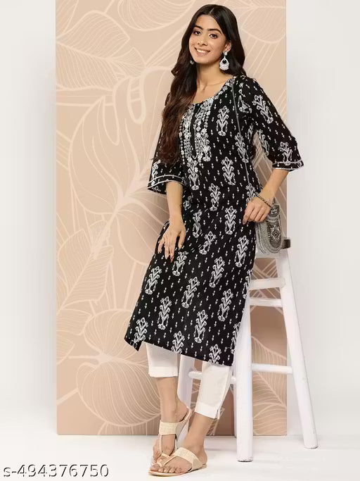 Black Abstract Print Rayon Kurta with Round Neck and Embroidered Highlights