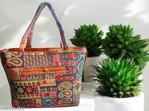 Handbag for women Ethnic Printed Women's Handbag with Teddy Charm - Stylish and Spacious Tote Bag for Everyday Use